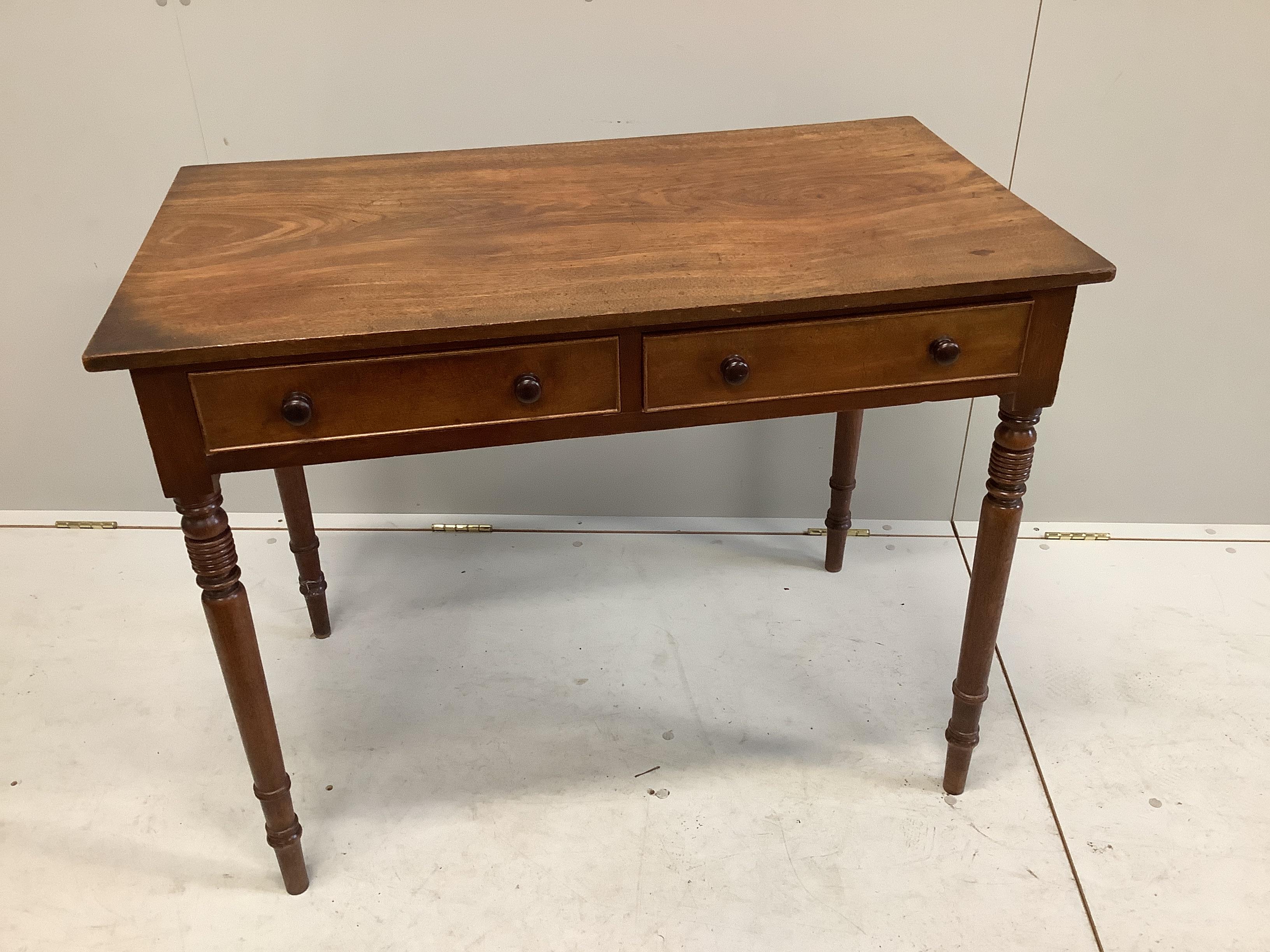 A Regency mahogany two drawer side table, width 96cm, depth 54cm, height 75cm